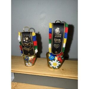 VTG Swiss Cow Bell Pair with Edelweiss Flower Design – Brass Wall Hangings